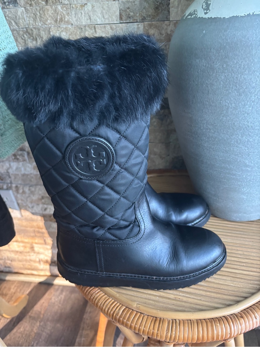 Tory Burch Joey Quilted Mid Calf Winter Boots with Rabbit fur Trim-Black